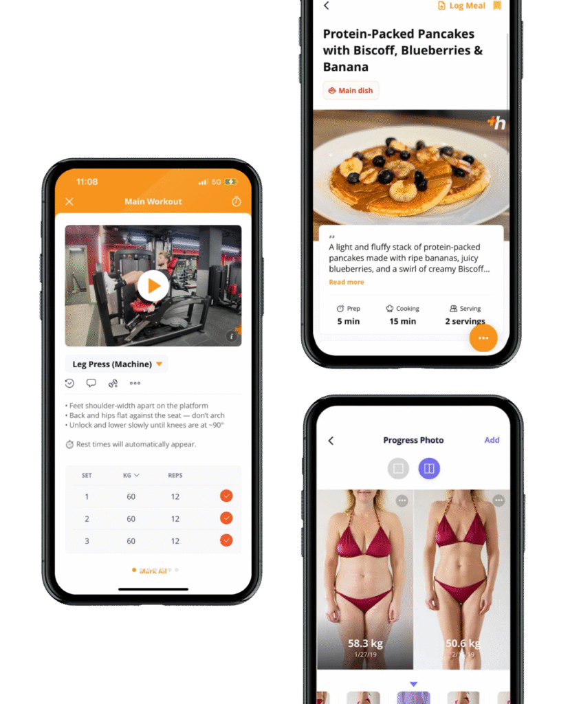 healthshift app showing workout tracking, meal recipes, and progress results