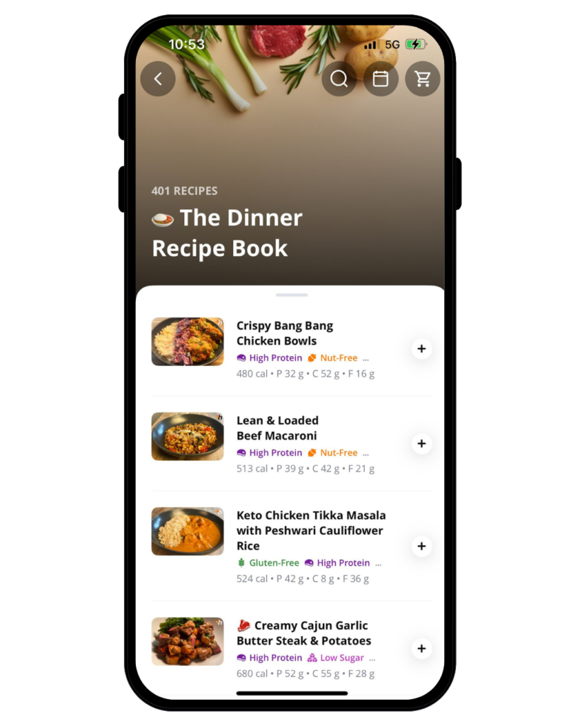 healthshift app recipe book screen showing healthy dinner recipes