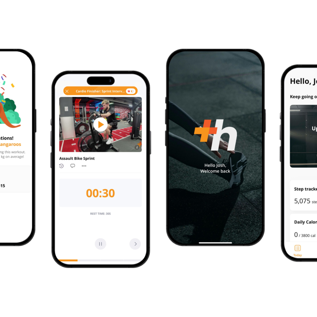 healthshift app interface showcasing workouts, progress tracking, and meal plans