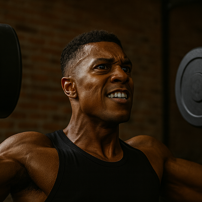 athlete training hard with dumbbells to build strength during healthshift workout