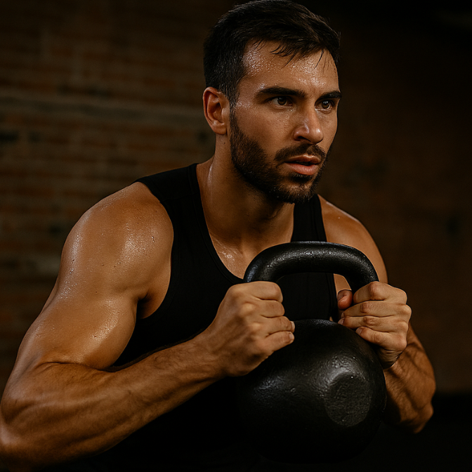 man performing kettlebell workout during healthshift home training session