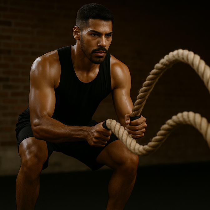 man training with battle ropes during healthshift performance workout