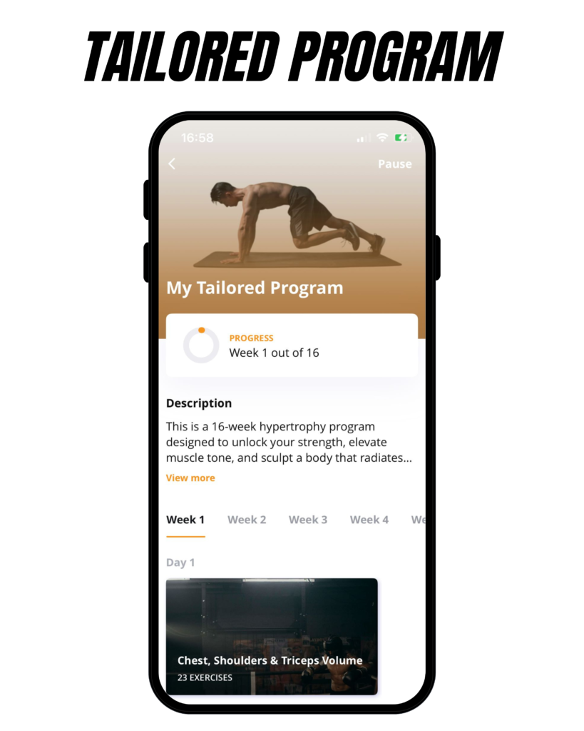 healthshift tailored program screen showing personalised fitness and nutrition plan