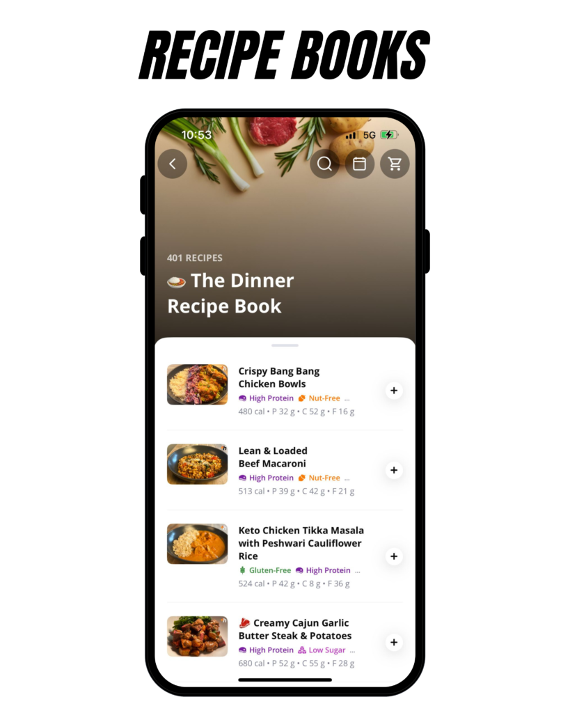 healthshift app recipe book screen showing healthy dinner ideas and nutrition tracking