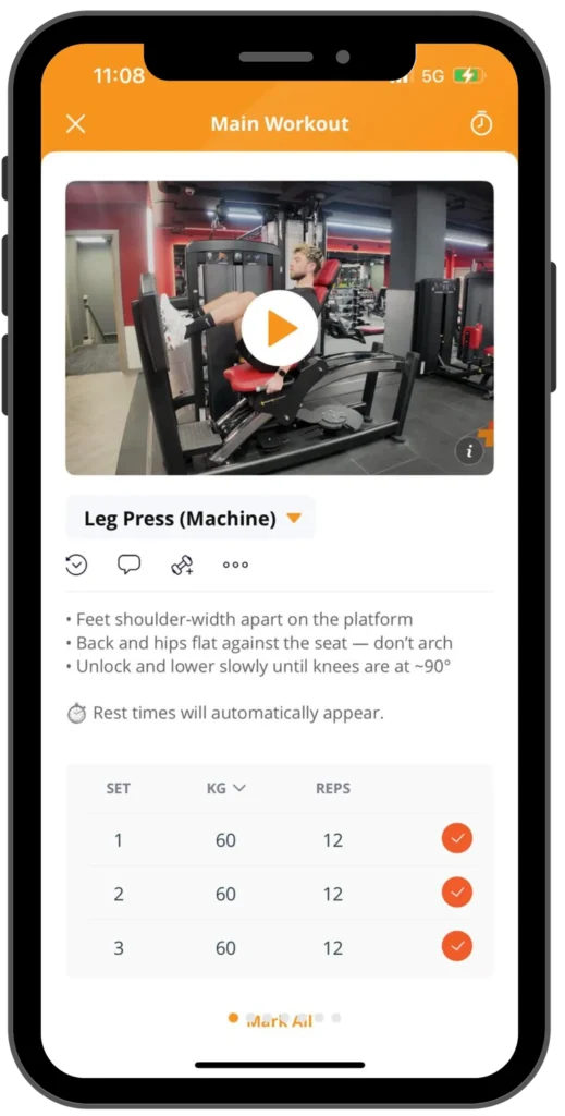 healthshift app workout screen showing leg press exercise and progress tracking